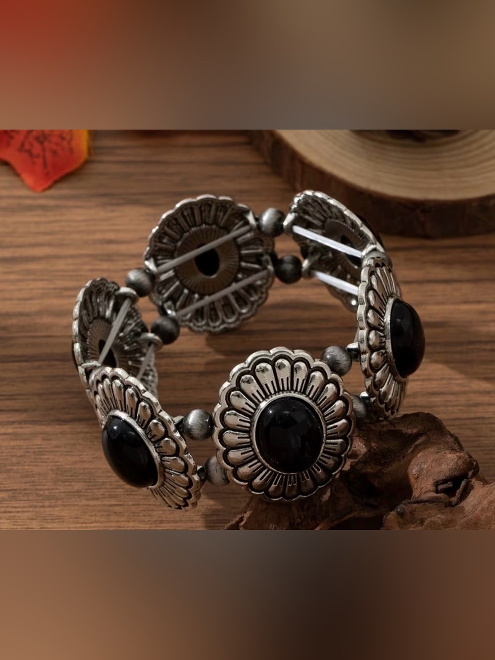 Western Bracelet Silver-Tone Concho Bracelet with Black Stones